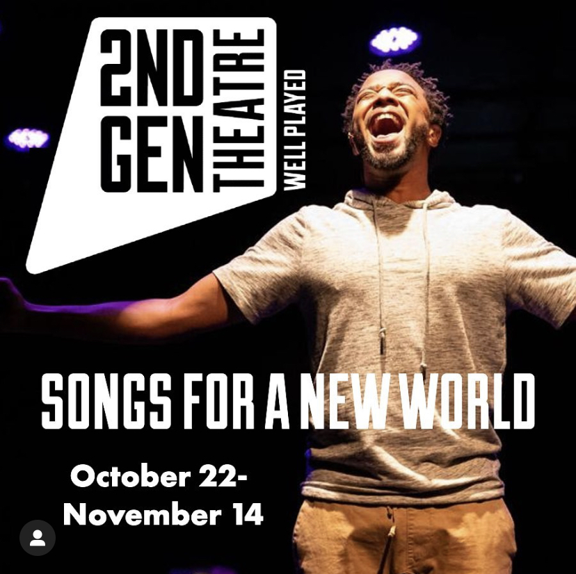 SONGSsquare SONGS FOR A NEW WORLD October 22-November 14th 2022 by Second Generation Theatre. Young black man singing with his arms outstretched in a dark background with purple lights