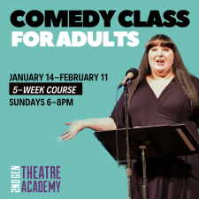 Comedienne at podium, comedy writing class for adults 2nd gen theatre